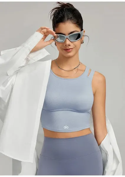 Alo Yoga Essential Crop Top Gray Activewear - 14