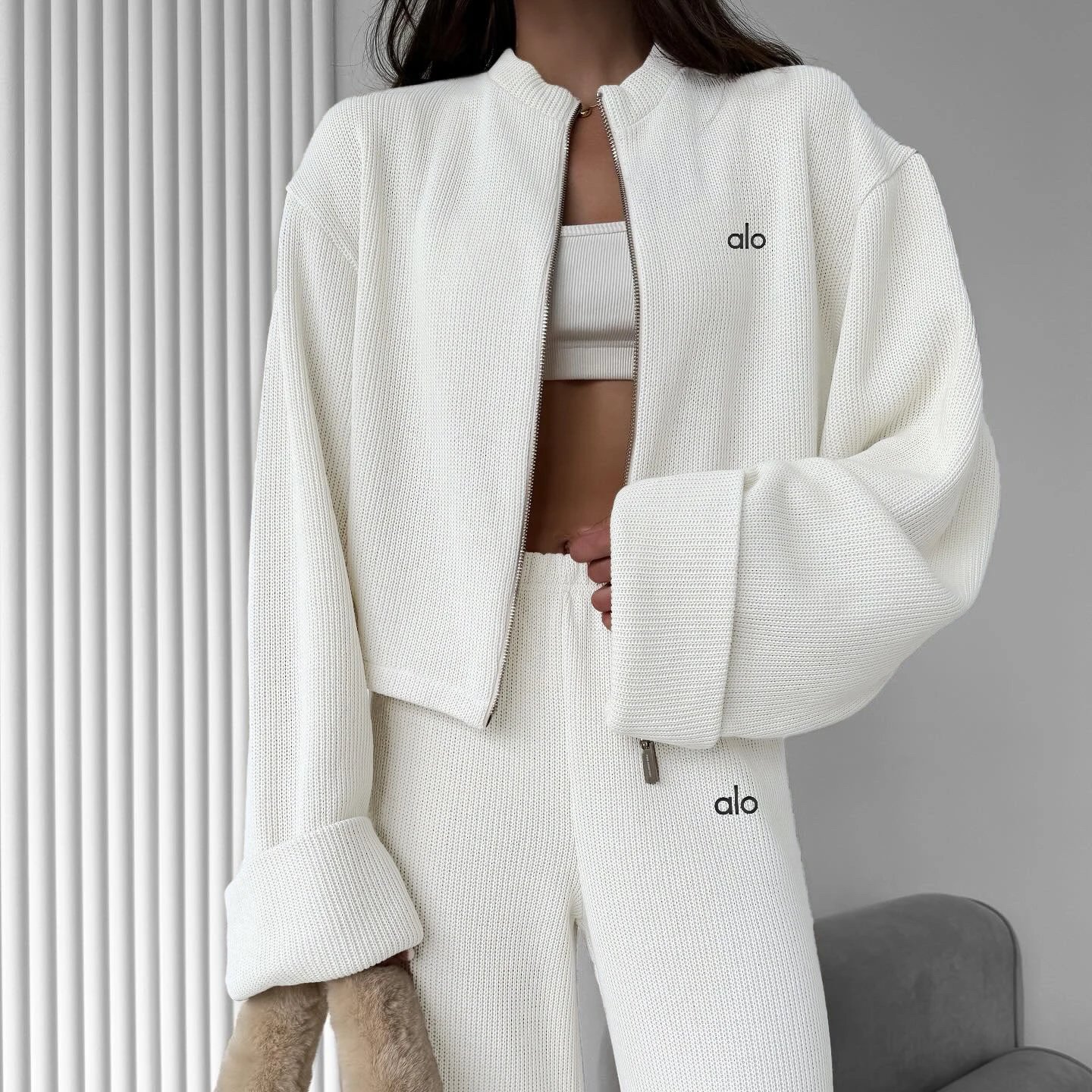Alo Tracksuits Knitted zip-up jacket and wide-leg trousers set — white
