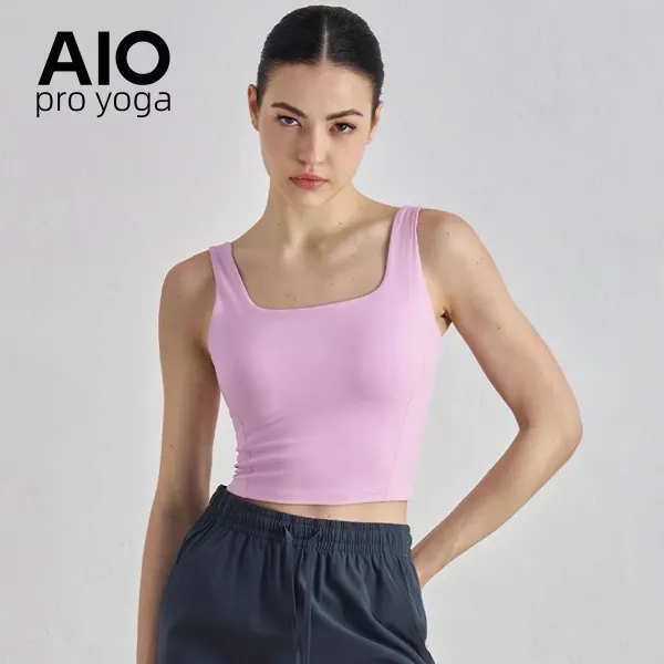 Design AIO Pro Yoga Square Neck Cropped Tank Top Pink Vest Top - 1