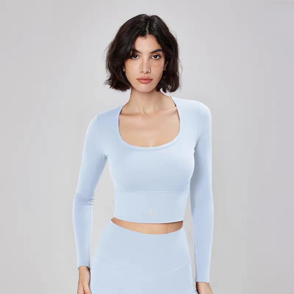 Alo Yoga Long Sleeve Crop Top Beige Activewear - 10
