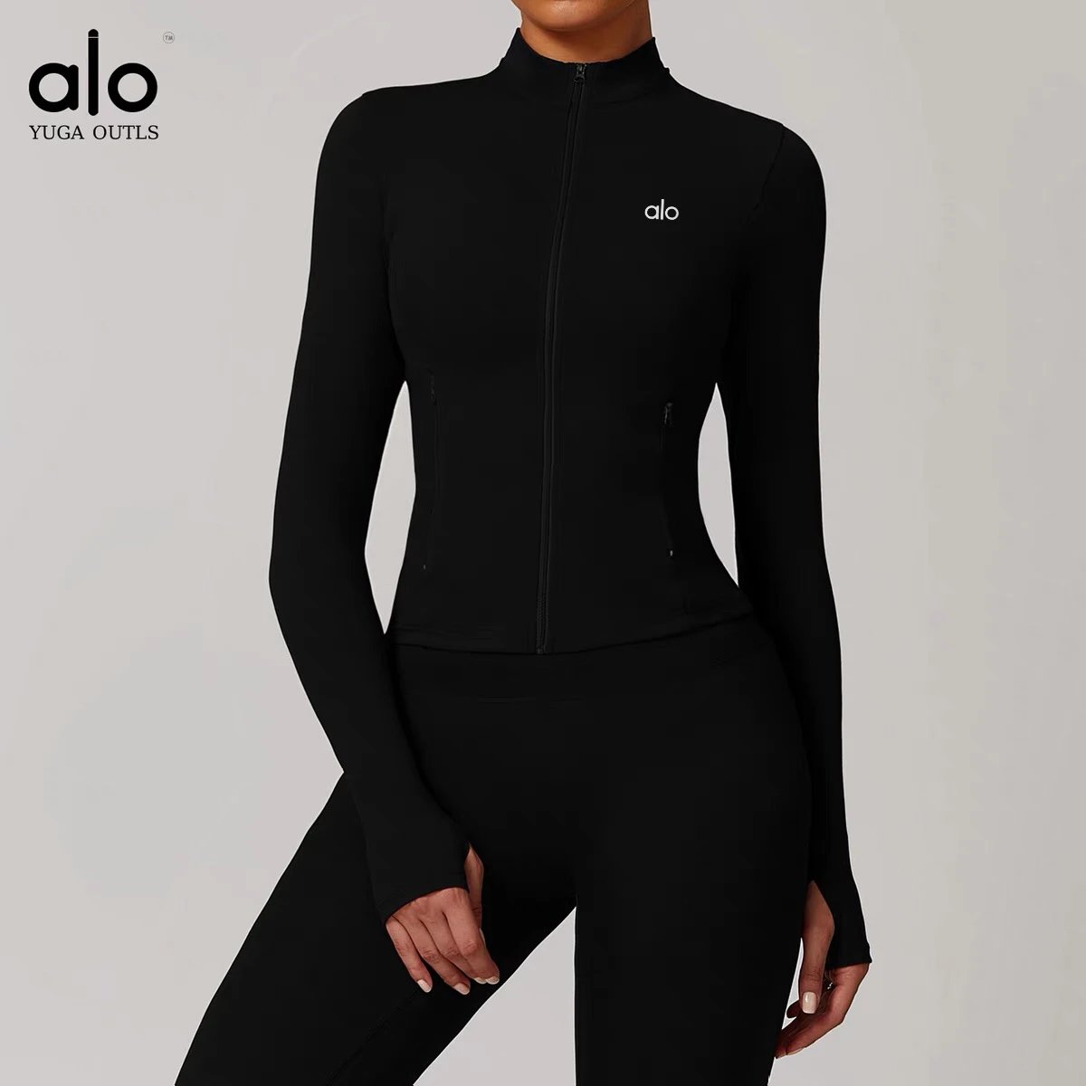 Alo Jackets DCX9000 stand-collar full-zip fitted jacket with zip pockets and thumbholes image 6