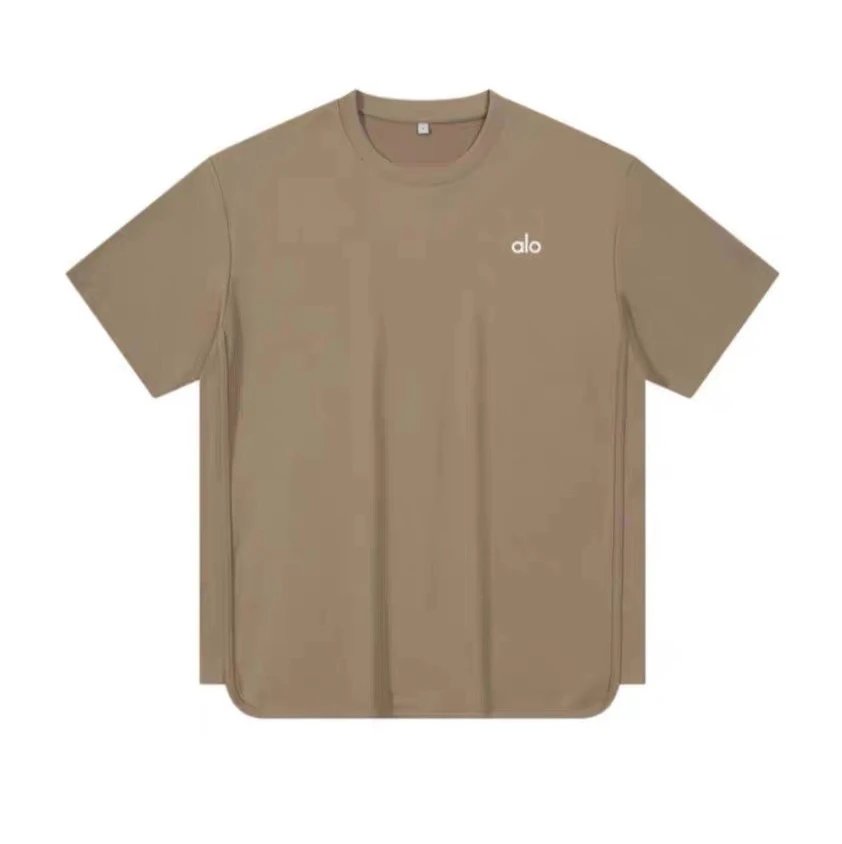 Alo T-Shirts Oversized drop-shoulder curved-hem short-sleeve T-shirt — Khaki
