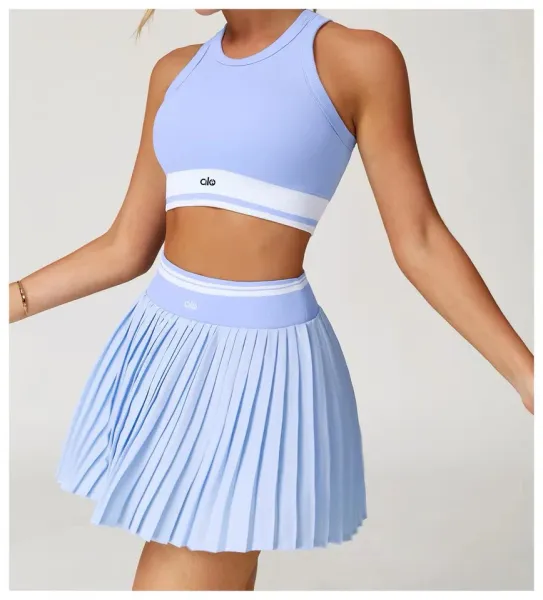 Alo Yoga Ribbed Crop Top in Periwinkle Blue with White Stripe Activewear - 22
