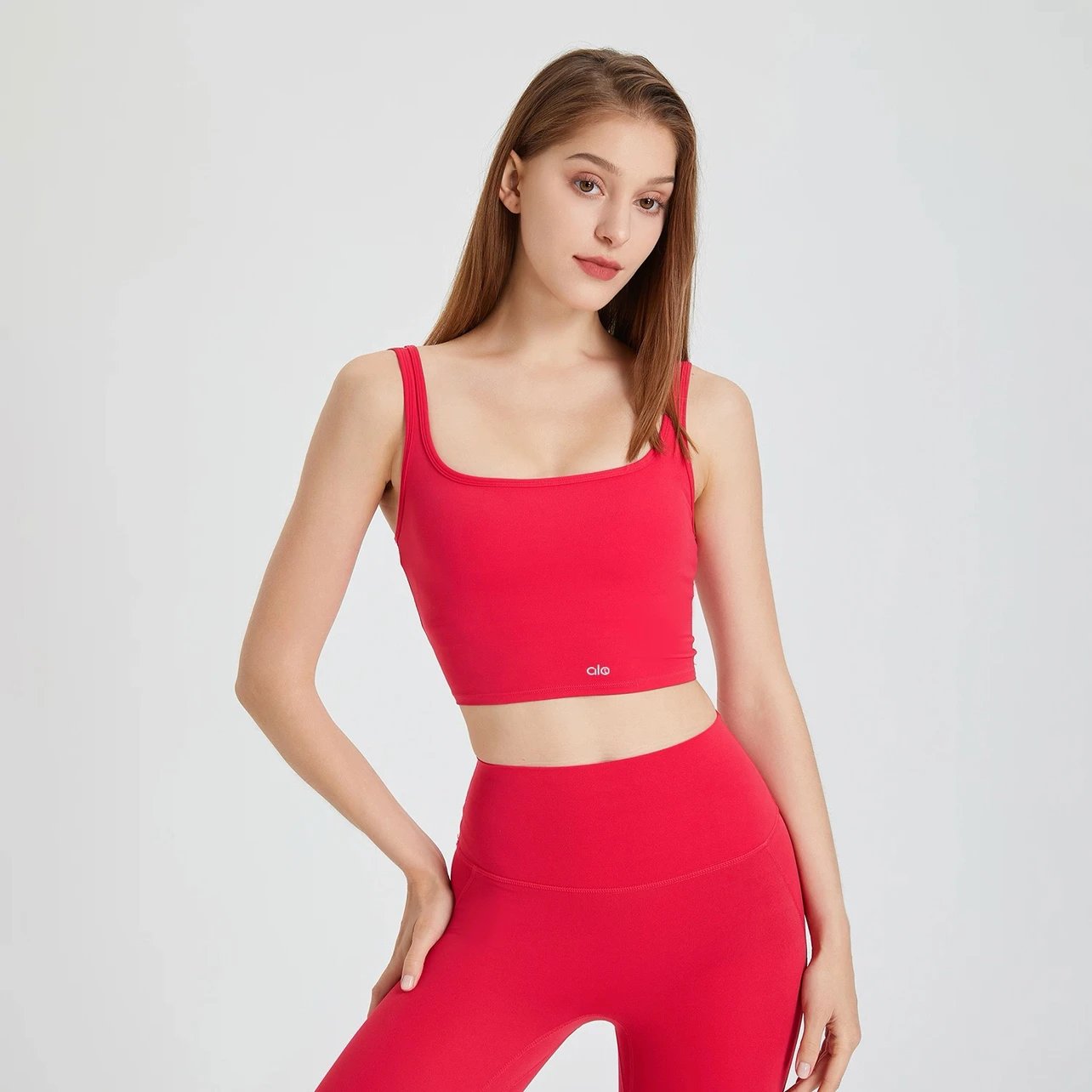 Alo Yoga Essential Crop Top and High-Waist Leggings Set Red Activewear - 11