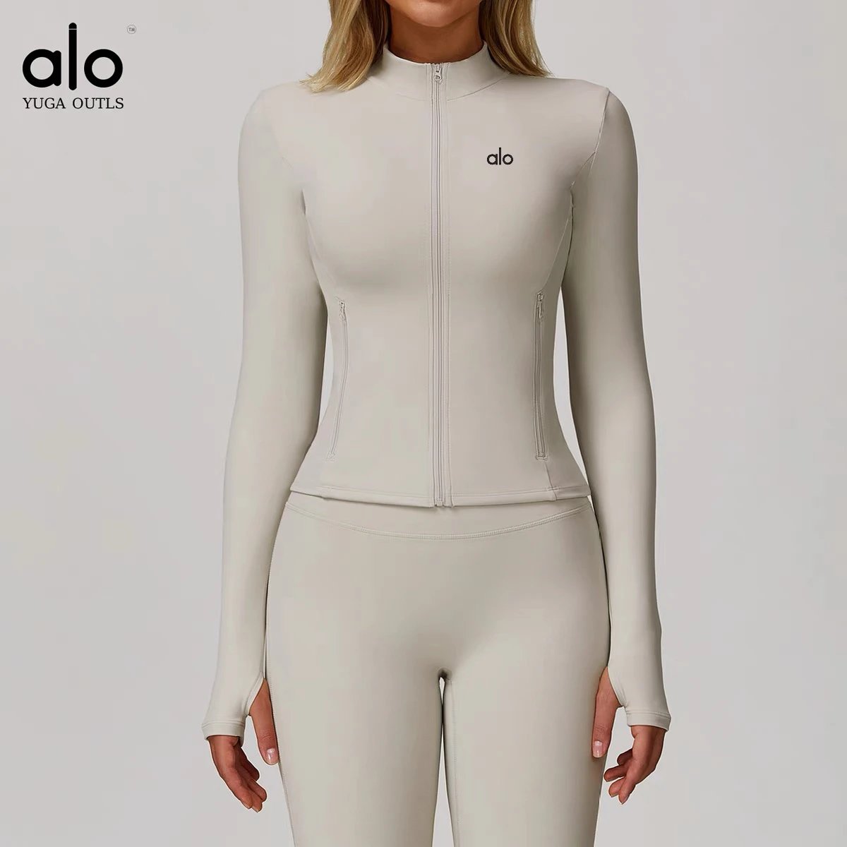 Alo Jackets DCX9000 stand-collar full-zip fitted jacket with zip pockets and thumbholes image 8