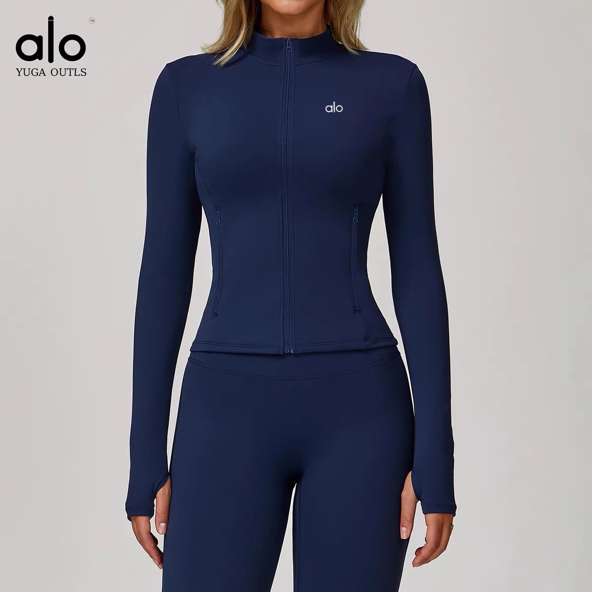 Alo Jackets DCX9000 stand-collar full-zip fitted jacket with zip pockets and thumbholes image 9