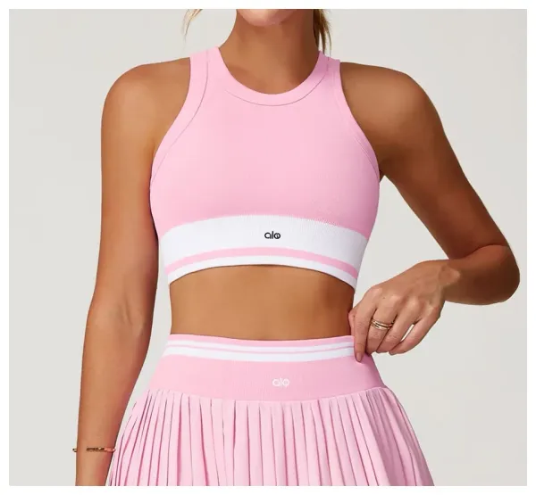 Alo Yoga Ribbed Crop Top in Periwinkle Blue with White Stripe Activewear - 24