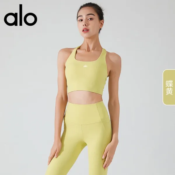 Alo Yoga High-Neck Crop Top and High-Waisted Leggings Set Butter Yellow Activewear - 5