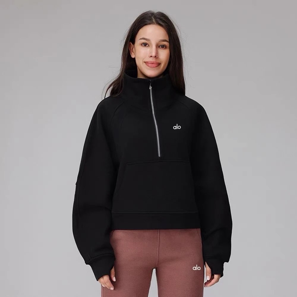 Alo Hoodies & Sweatshirts Fleece Half-Zip Pullover Sweatshirt with Kangaroo Pocket — Black