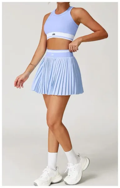 Alo Yoga Ribbed Crop Top in Periwinkle Blue with White Stripe Activewear - 19