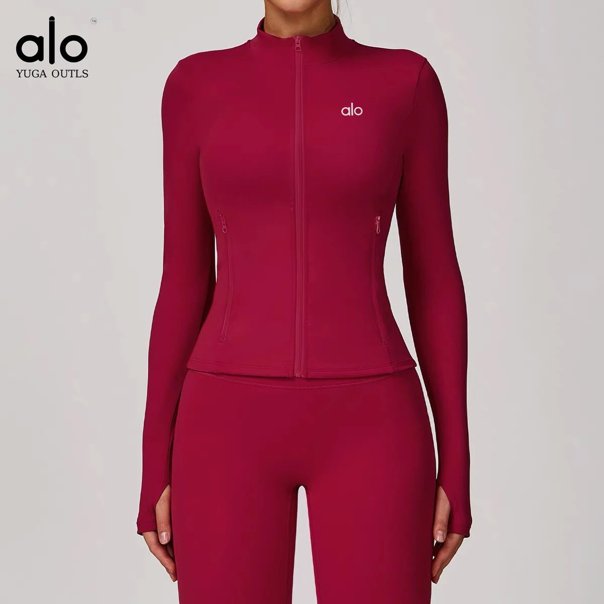Alo Jackets DCX9000 stand-collar full-zip fitted jacket with zip pockets and thumbholes image 11