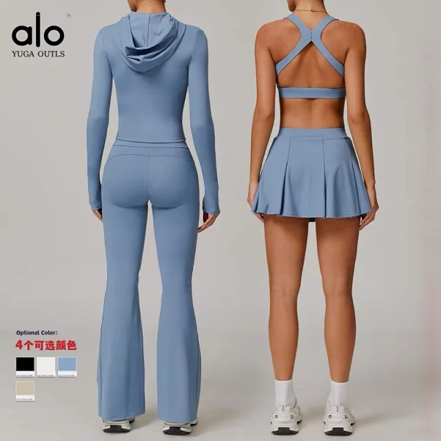 Alo Matching Sets Women's hooded zip-up jacket, sports bra and pleated skirt set product detail image 1