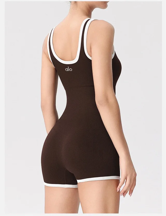 Alo Yoga Jumpsuits Ribbed square-neck short jumpsuit with contrast trim product detail image 19