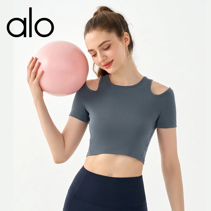 Alo Grey Crop Top with Cutout Sleeves