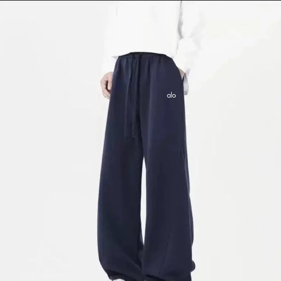 Alo Yoga Trousers Fleece-Lined Wide-Leg Sweatpants — Navy blue {trousers}