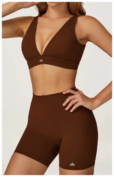 Alo V-Neck Sports Bra Beige Activewear - 20
