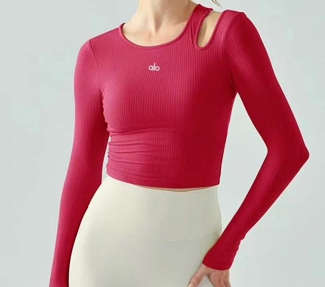 Alo Yoga Shirts Ribbed long-sleeve cropped top with shoulder cutout product detail image 11