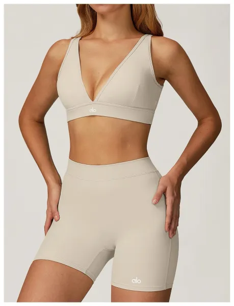 Alo V-Neck Sports Bra Beige Activewear - 23