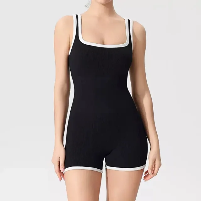 Alo Yoga Jumpsuits Ribbed square-neck short jumpsuit with contrast trim product detail image 6