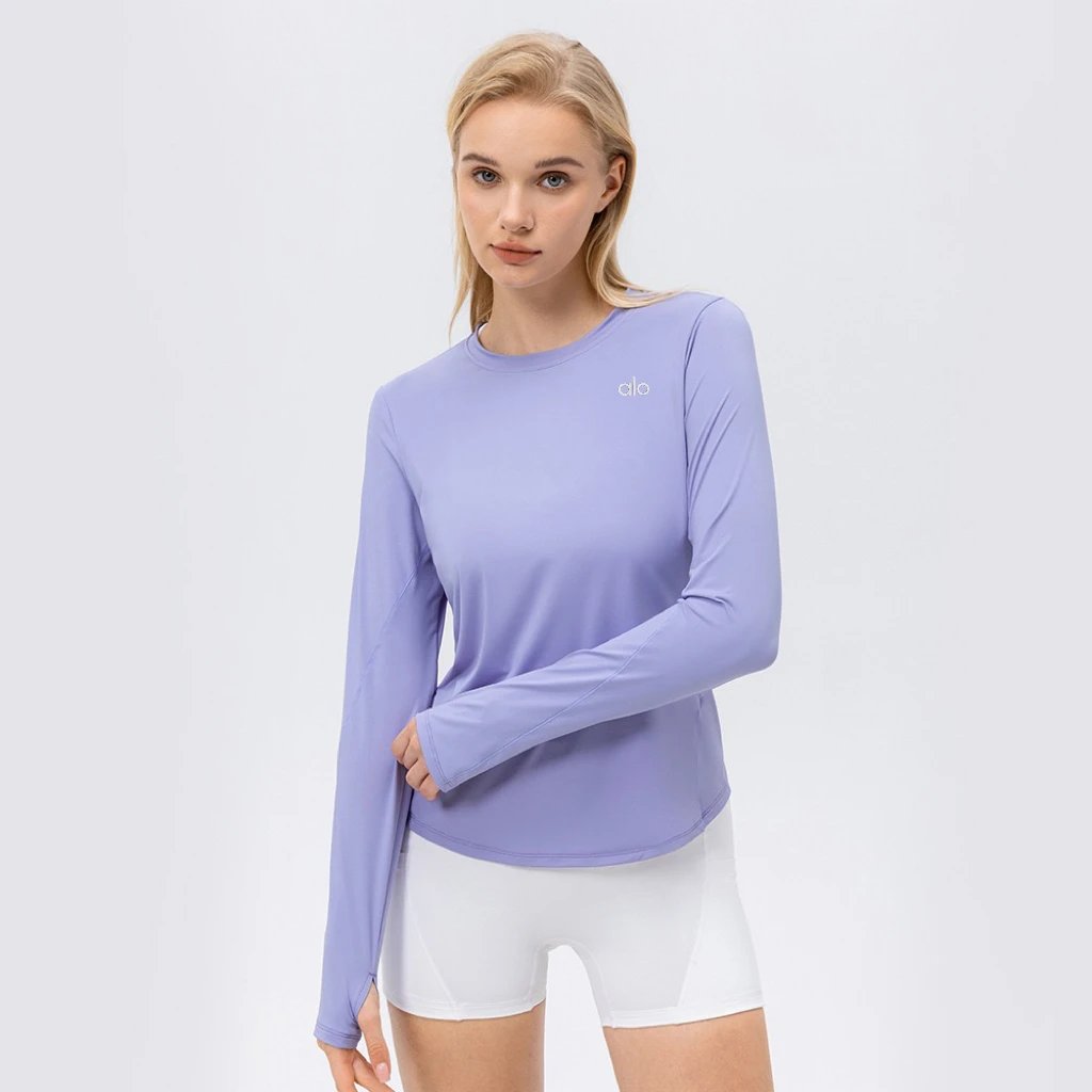 Alo Yoga Shirts Long-Sleeve Thumbhole Shirt with Curved Hem — purple