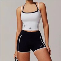 White tank top, black shorts