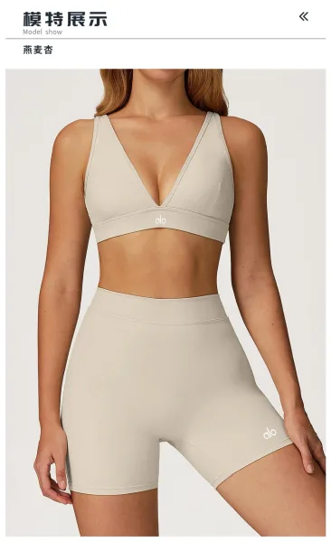 Alo V-Neck Sports Bra Beige Activewear - 22