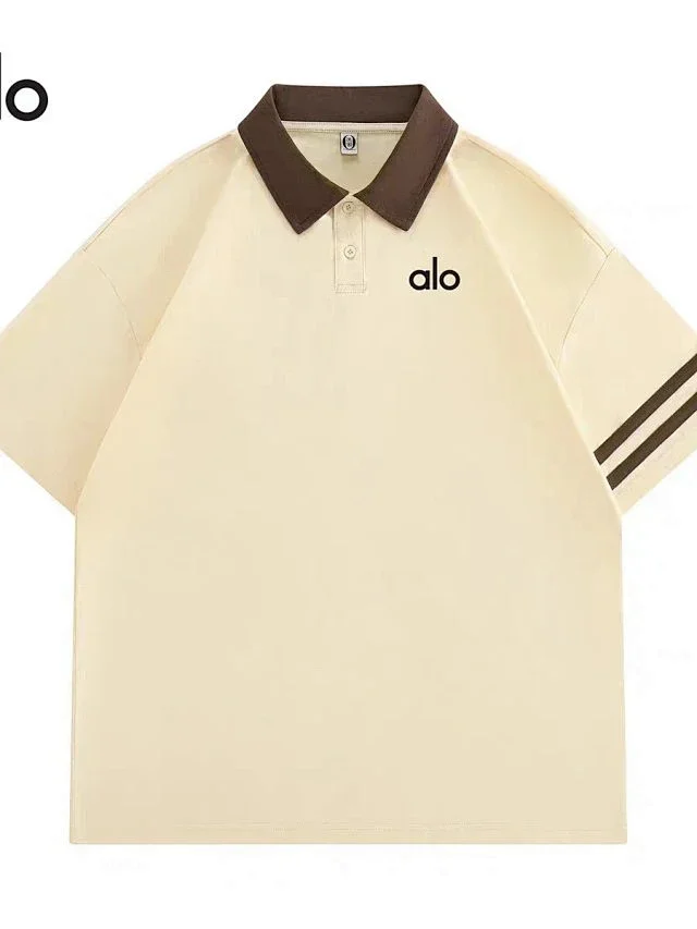 Alo Yoga Shirts Short-Sleeve Polo Shirt with Contrast Collar and Striped Sleeves product detail image 5