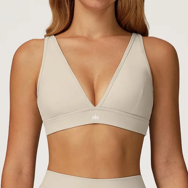 Alo V-Neck Sports Bra Beige Activewear - 1