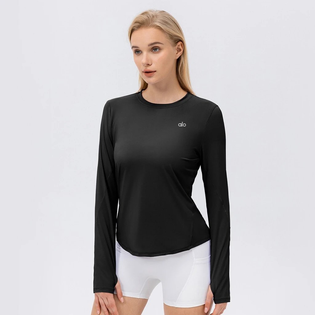 Alo Yoga Shirts Long-Sleeve Thumbhole Shirt with Curved Hem — Black