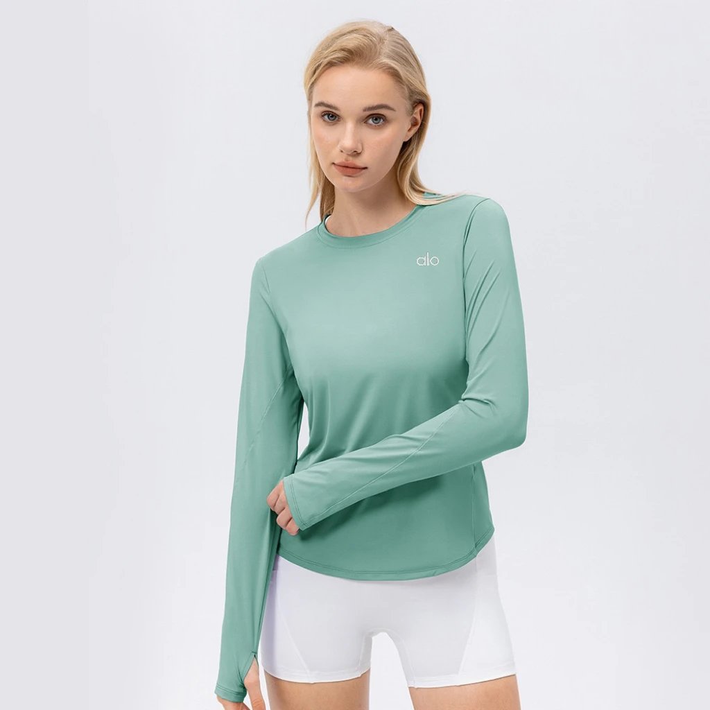 Alo Yoga Shirts Long-Sleeve Thumbhole Shirt with Curved Hem — Green