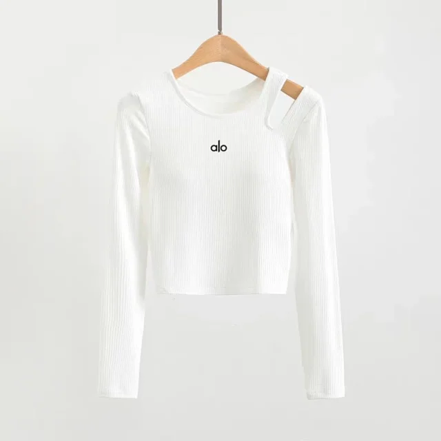 Alo Yoga Shirts Ribbed long-sleeve cropped top with shoulder cutout product detail image 33