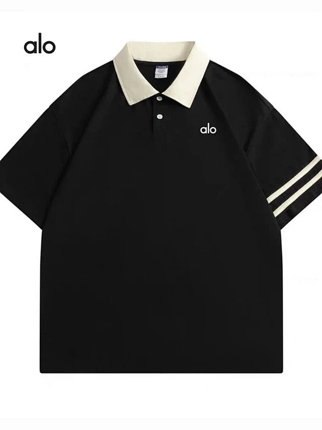 Alo Yoga Shirts Short-Sleeve Polo Shirt with Contrast Collar and Striped Sleeves product detail image 2