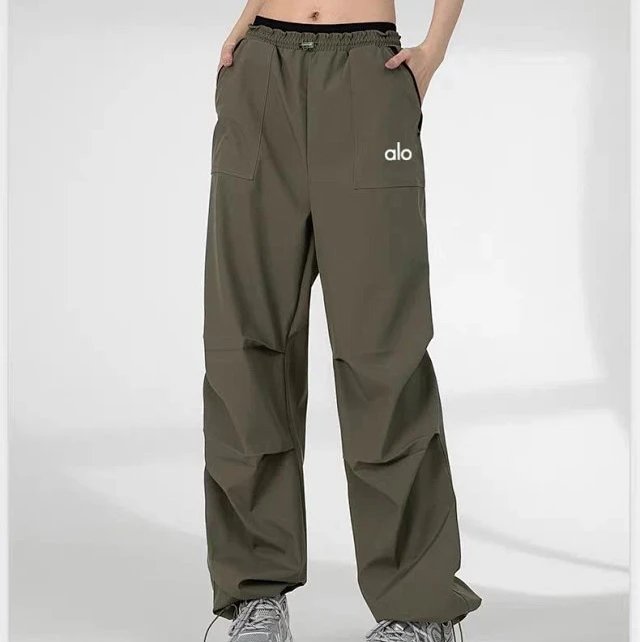 Alo Yoga Trousers Drawstring Wide-Leg Cargo — Army Green (Standard Style)