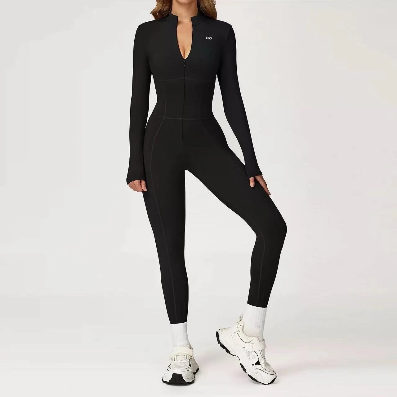 Alo Jumpsuits Long-Sleeve Stand-Collar Zip-Front Activewear Jumpsuit — Advanced shade-trolling
