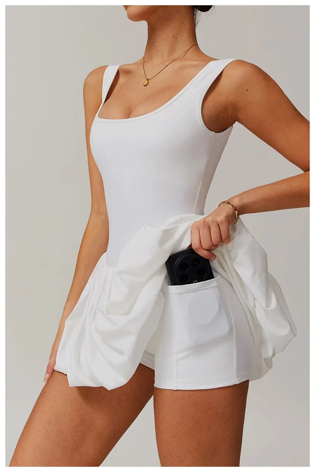 Alo Yoga Dresses Square-Neck Bubble-Skirt Athletic Dress with Built-In Shorts product detail image 19