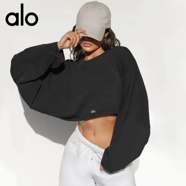 Alo Cropped Oversized Sweatshirt Black Sweater - 1