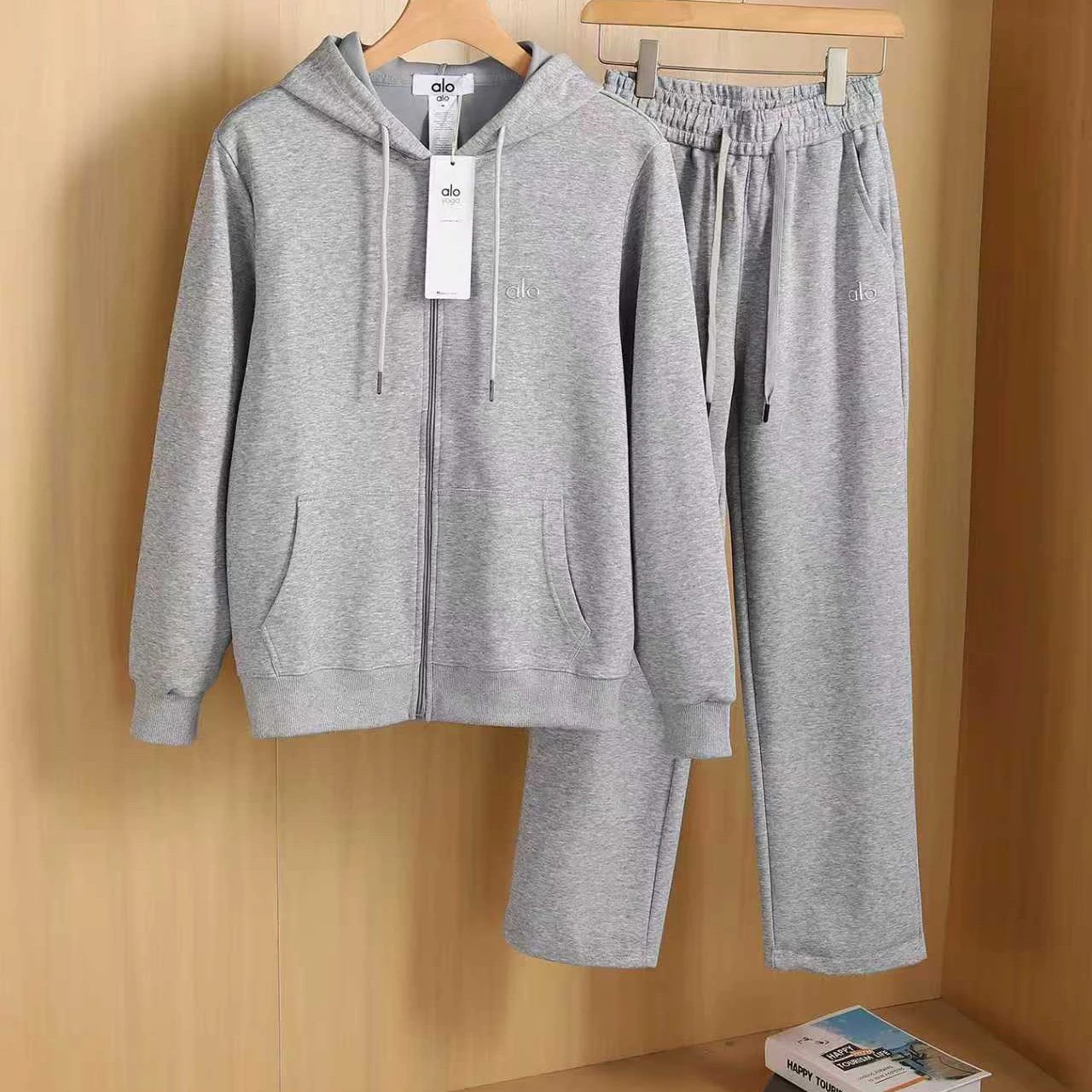 Alo Yoga Tracksuits Zip-up hooded sweatshirt and straight-leg sweatpants set — Grey {Straight Pants Jacket}