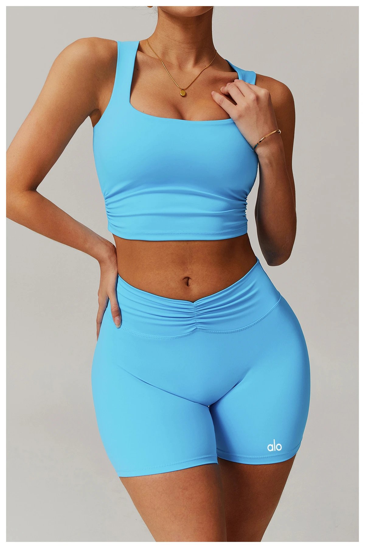 Design Square Neck Ruched Crop Top in Sky Blue Activewear - 19