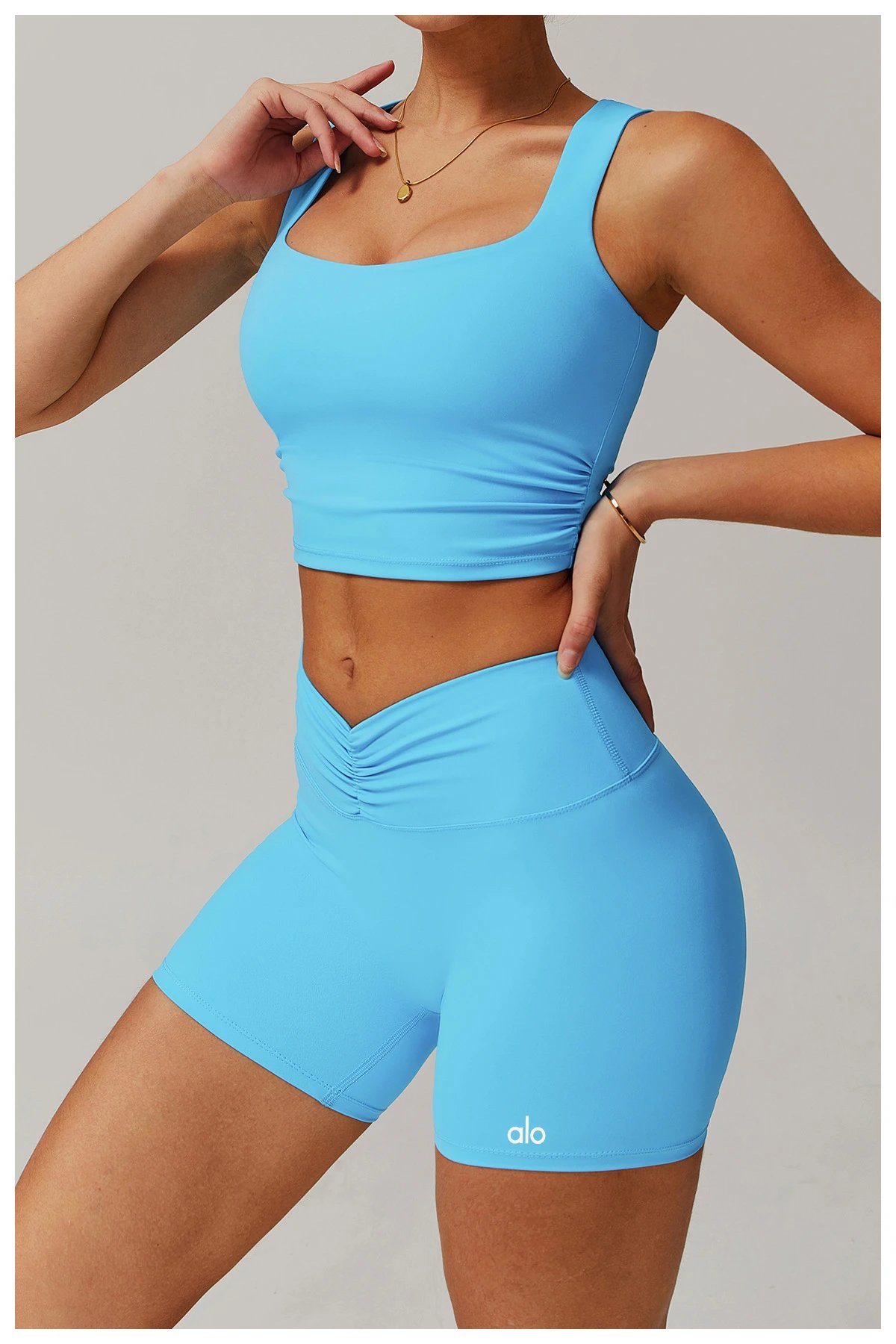 Design Square Neck Ruched Crop Top in Sky Blue Activewear - 20
