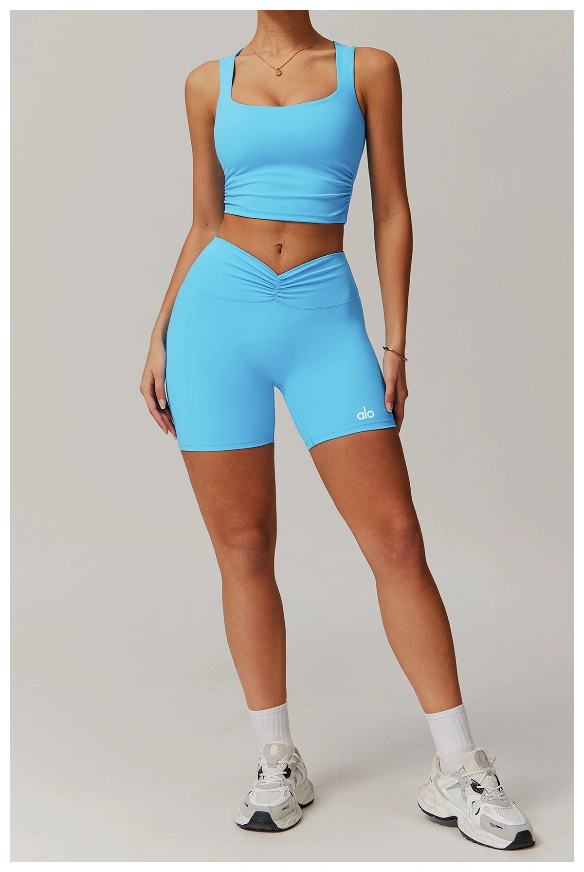Design Square Neck Ruched Crop Top in Sky Blue Activewear - 18
