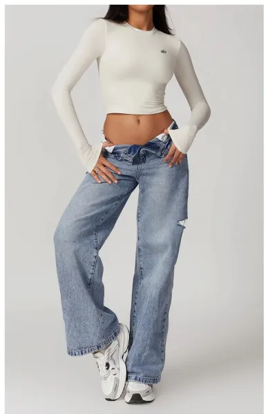 Alo Long Sleeve Cropped Base Layer Beige Top - 42