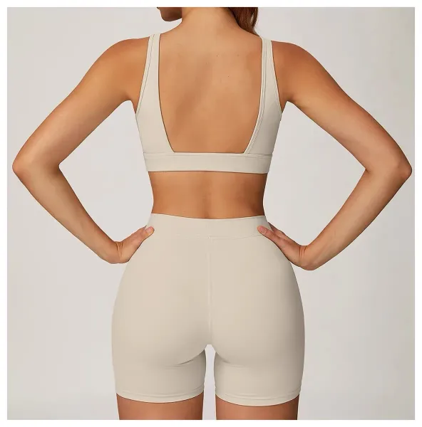 Alo V-Neck Sports Bra Beige Activewear - 24