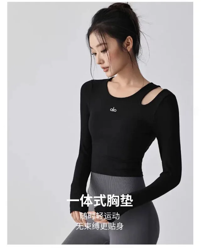 Alo Yoga Shirts Ribbed long-sleeve cropped top with shoulder cutout product detail image 14