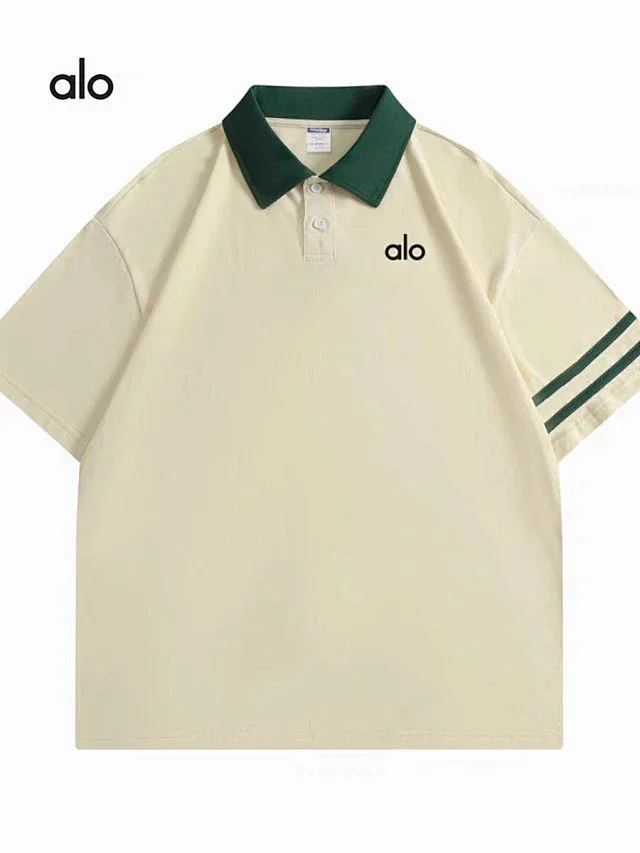 Alo Yoga Shirts Short-Sleeve Polo Shirt with Contrast Collar and Striped Sleeves product detail image 4