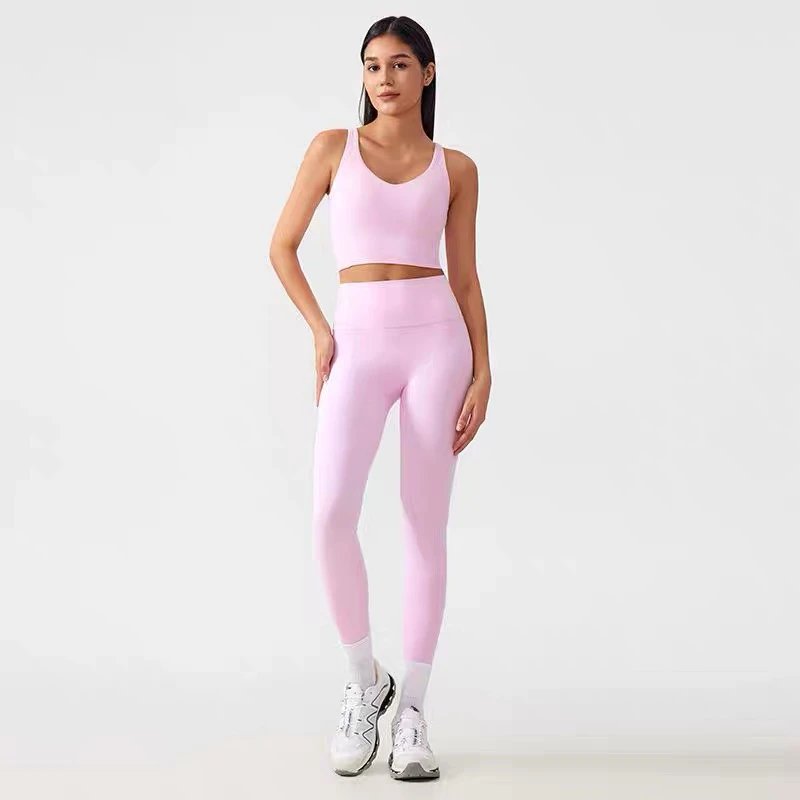 Design Cropped Sports Bra and High-Waisted Leggings Set Khaki Green Activewear - 33