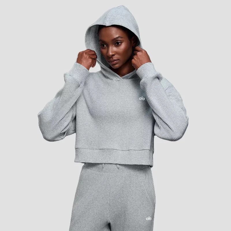 Alo Ribbed Cropped Hoodie and Sweatpants Set Gray - 15