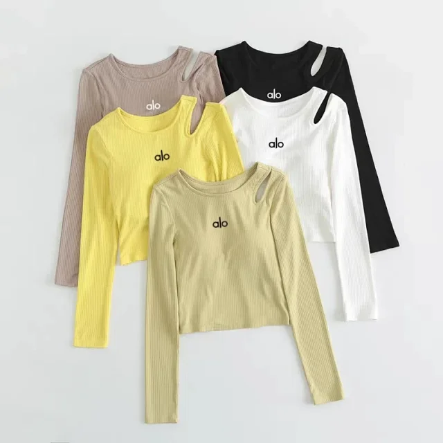 Alo Yoga Shirts Ribbed long-sleeve cropped top with shoulder cutout product detail image 21