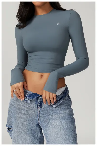 Alo Long Sleeve Cropped Base Layer Beige Top - 34