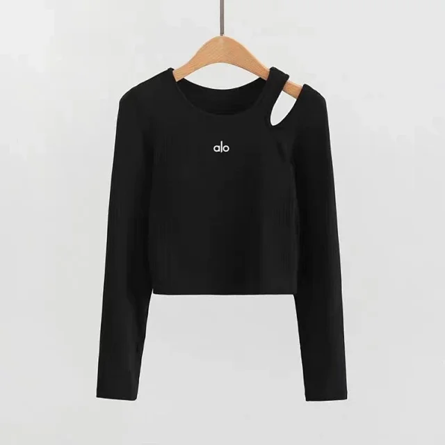 Alo Yoga Shirts Ribbed long-sleeve cropped top with shoulder cutout product detail image 32