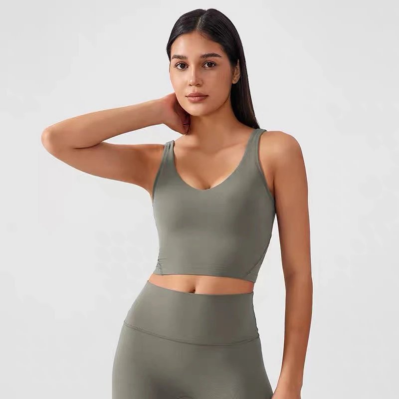 Design Cropped Sports Bra and High-Waisted Leggings Set Khaki Green Activewear - 57